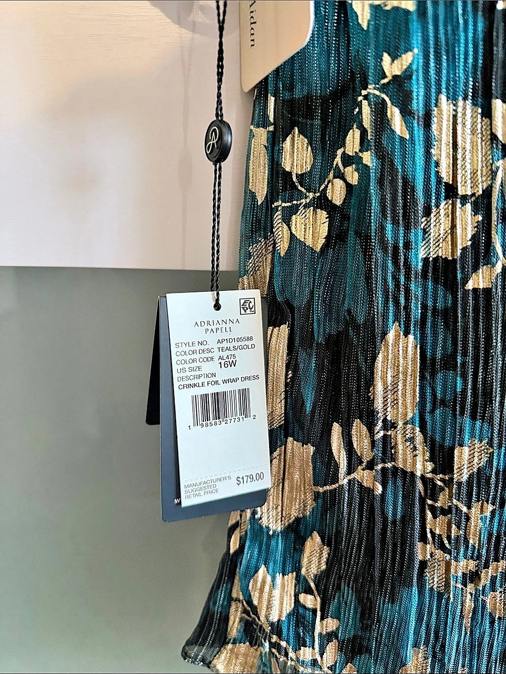 Adrianna Papell Crinkle Foil Wrap Dress Blue & Gold Size 16W - Picture 3 of 3